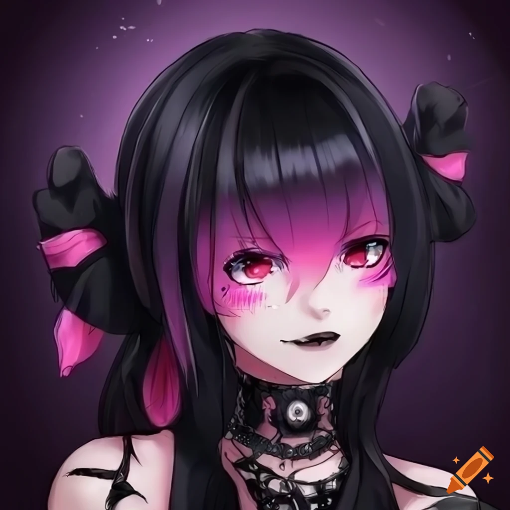 Anime Goth Girl With Black Hair And Pink Highlights