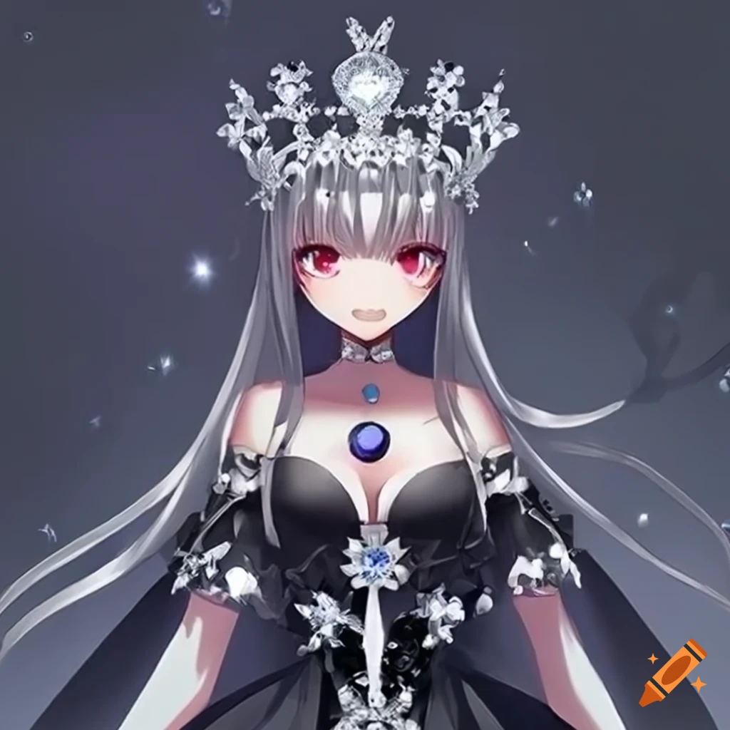 Anime girl, with black dress, long black hair and a silver crown