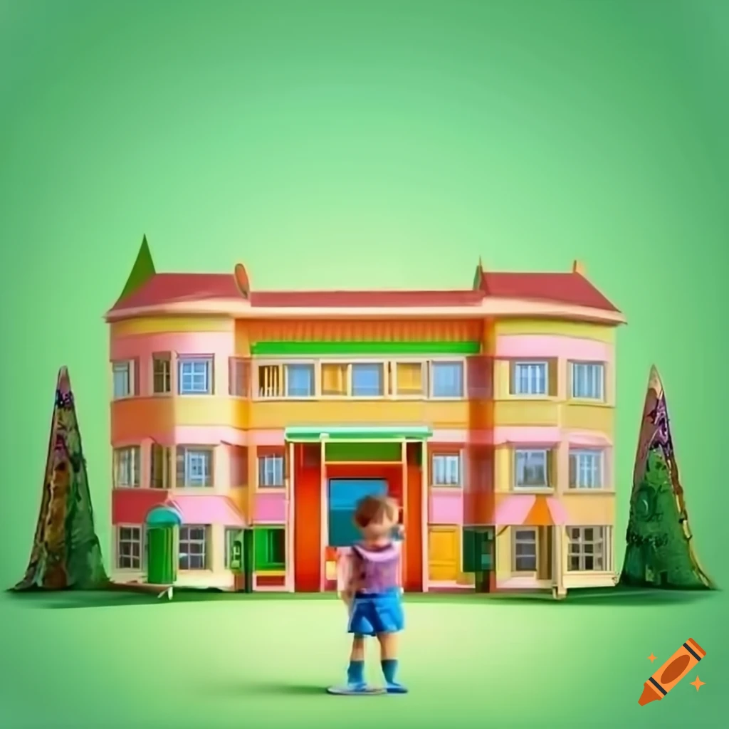 realistic image of children in front of a kindergarten building