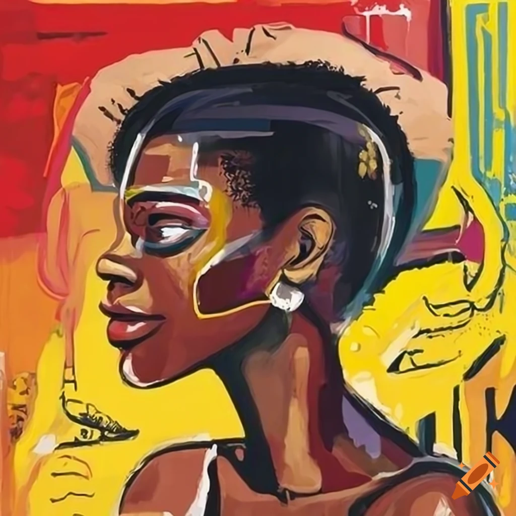 African woman portrait with influences from Matisse, Basquiat, and Egyptian murals