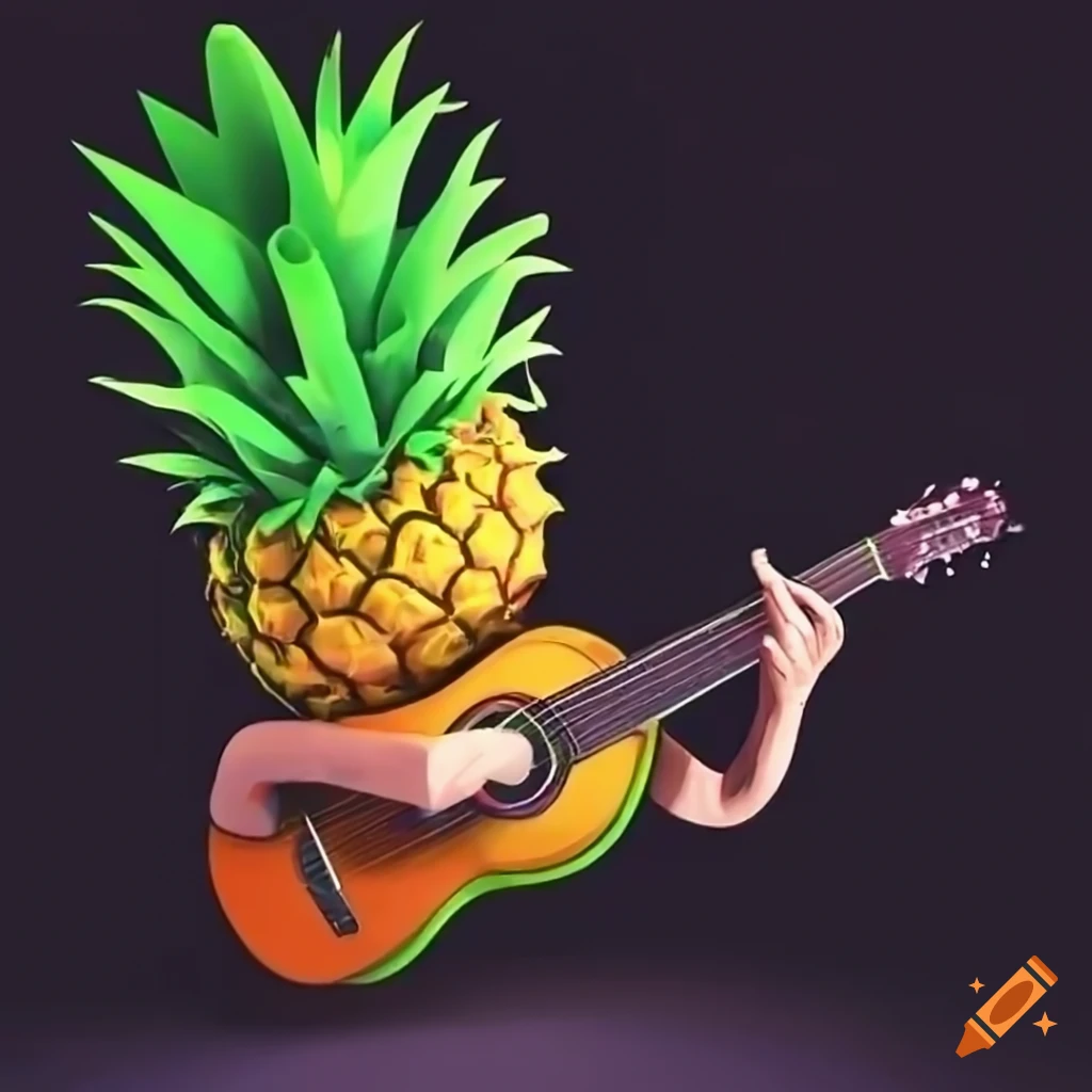 Animated pineapple playing guitar with a hat