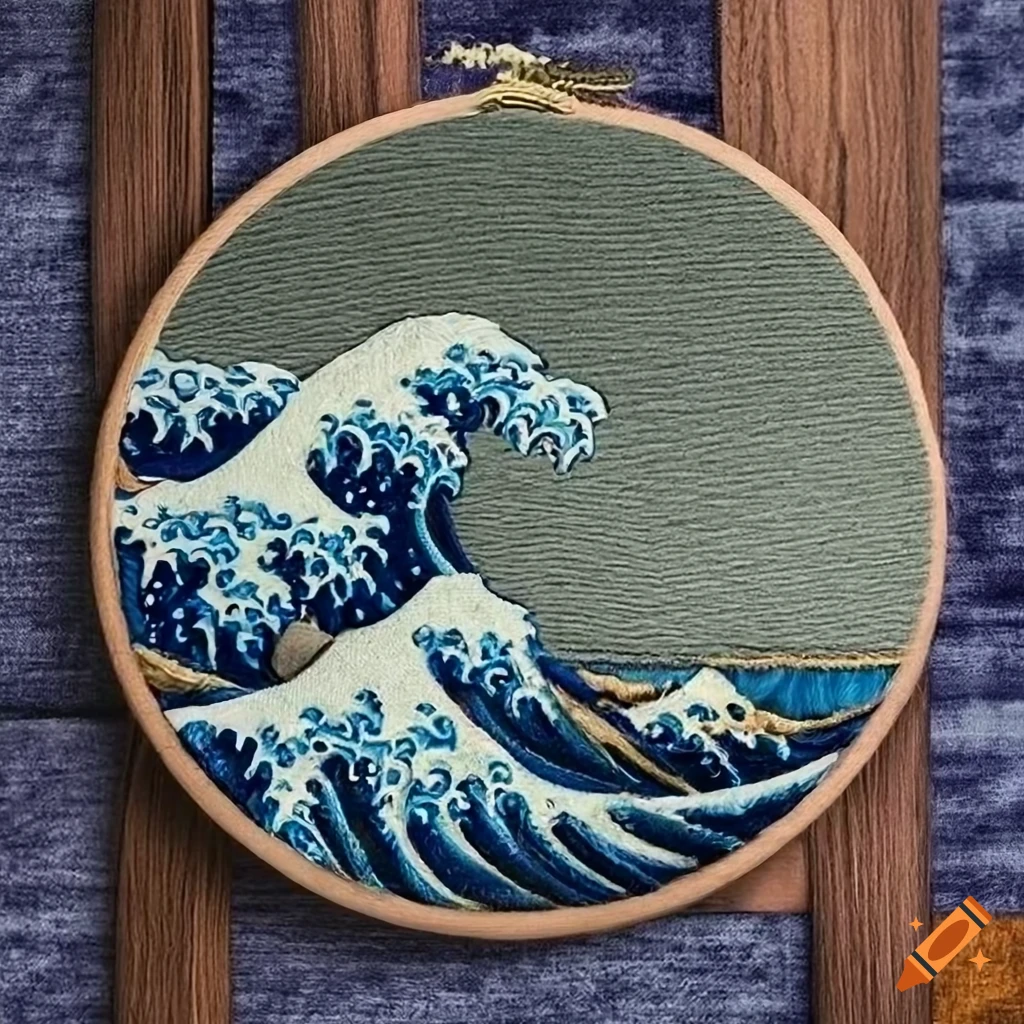 Round embroidery of the great wave off kanagawa on Craiyon