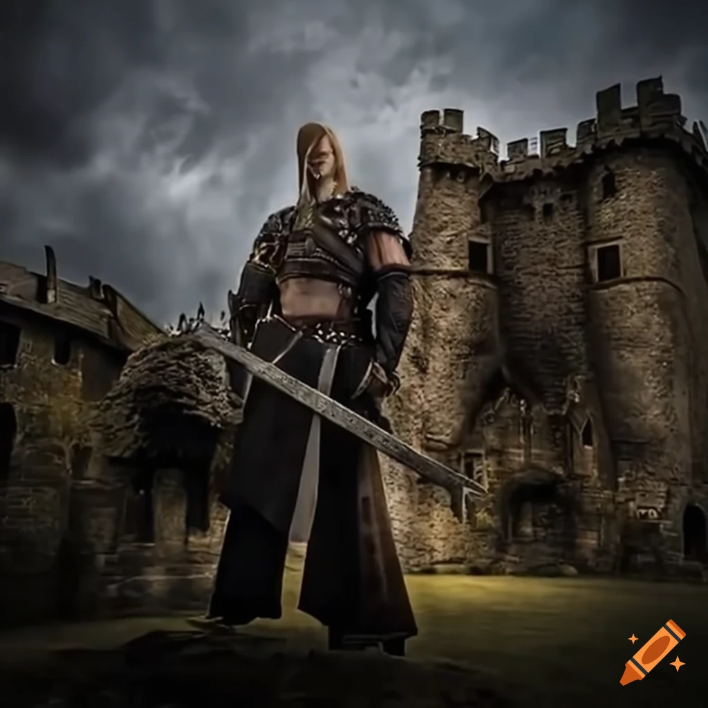 fierce witcher with a sword in front of a castle