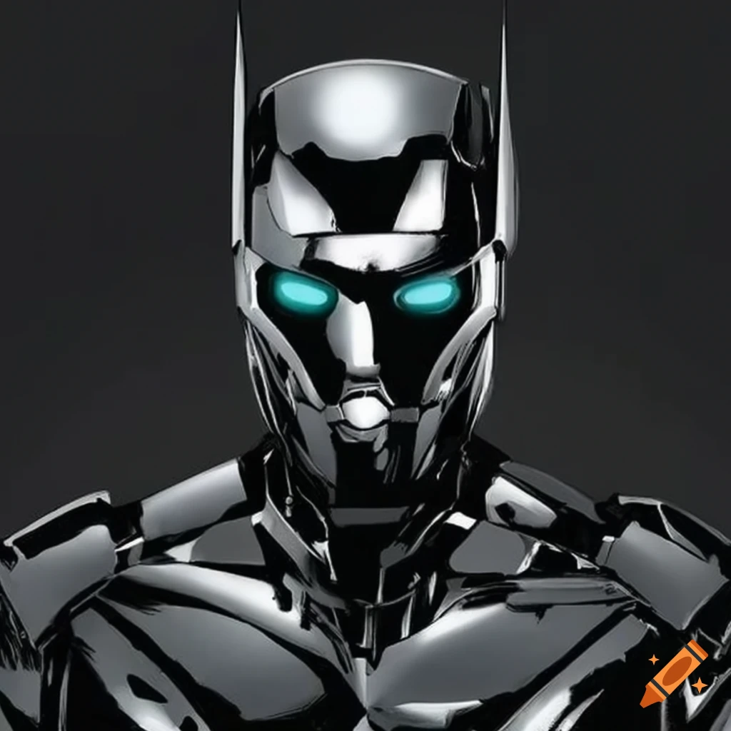 black chrome superhero inspired by Iron Man and Batman