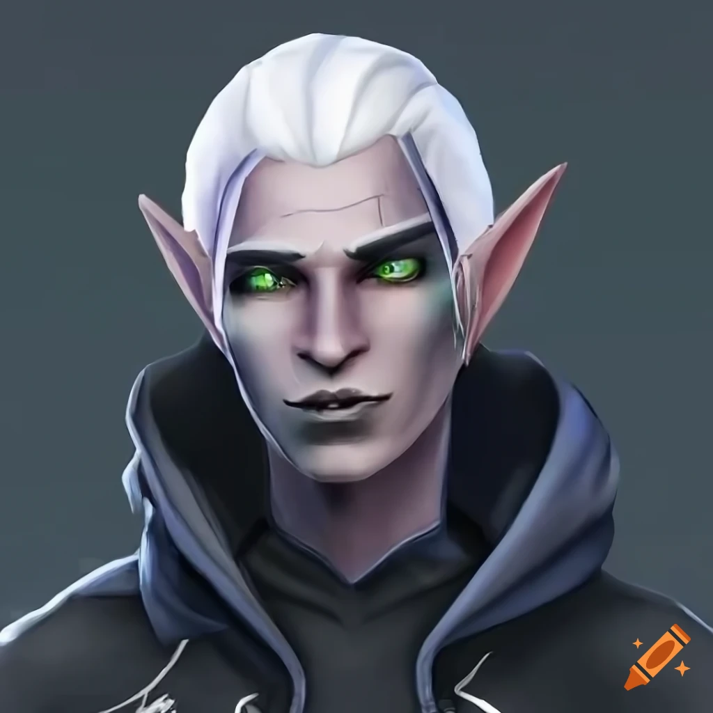Picture of a male dark elf with white hair and green eyes on Craiyon