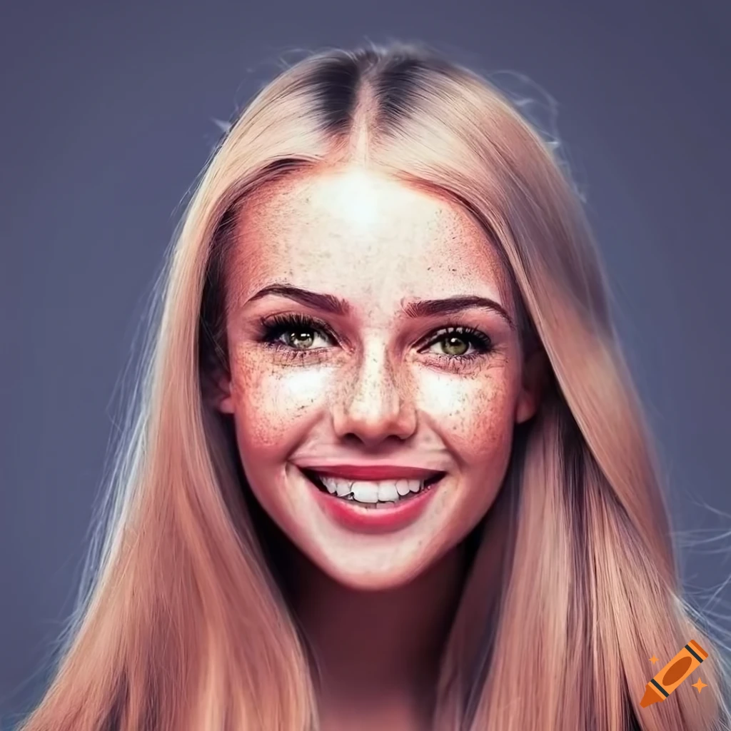 Portrait of a young woman with freckles and a bright smile on Craiyon
