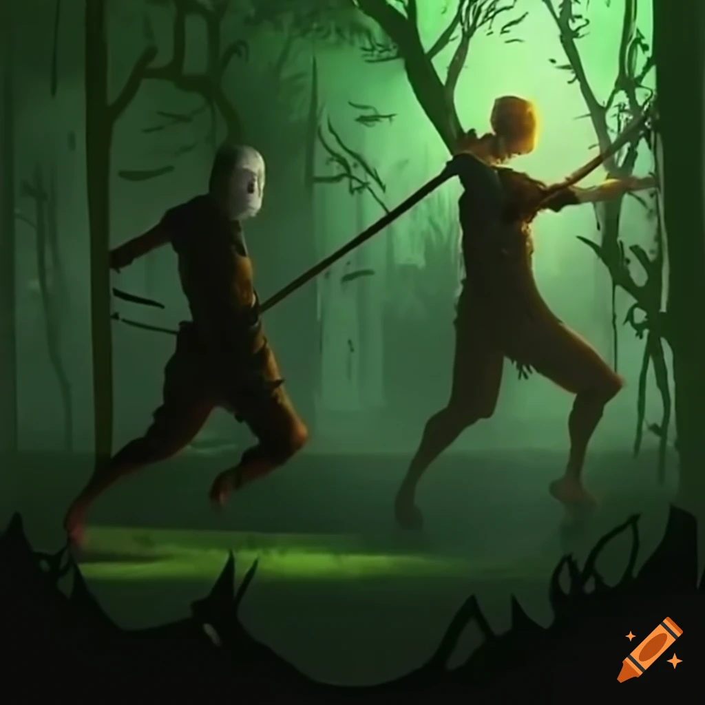 image of a dramatic swordfight in a magical swamp