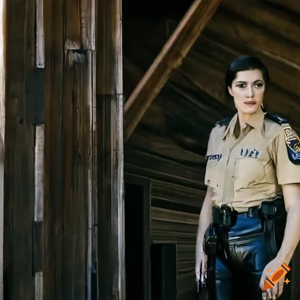 rear view of a country policewoman looking through barn door