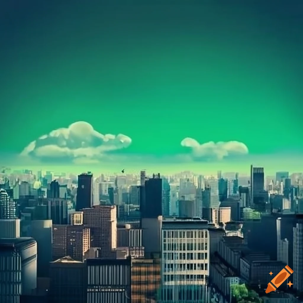 City skyline with green clouds