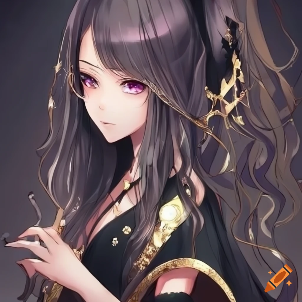 Anime girl, with black dress, long black hair and a silver crown