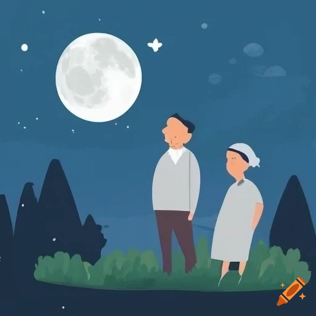 minimalist illustration of an elderly couple looking at the moon