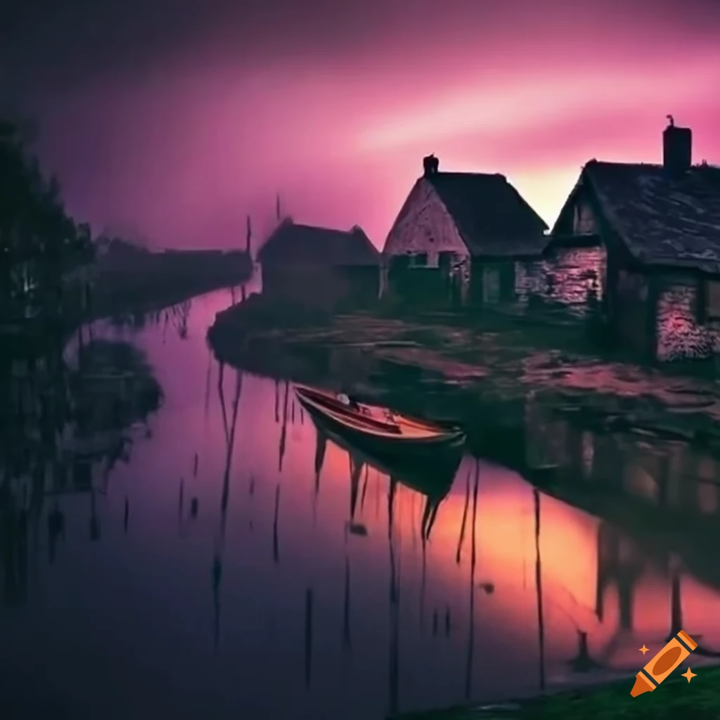 night scene of old village cottages in the rain