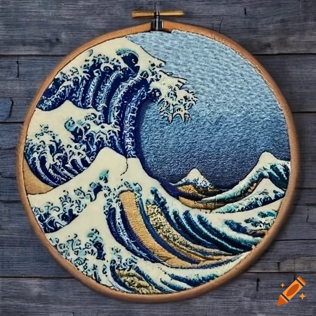 Macro shot of the great wave off kanagawa embroidery