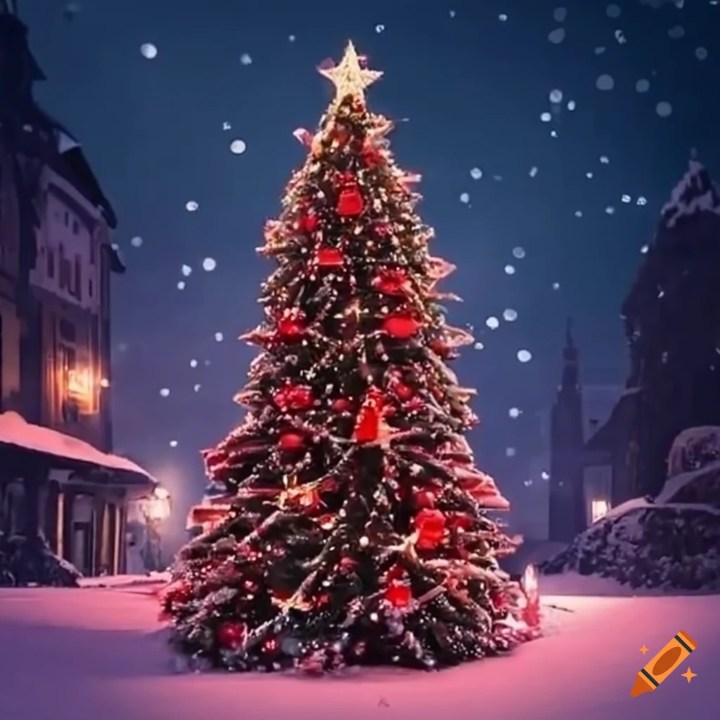 Pueblo navideño nevado con un gran árbol de navidad on Craiyon