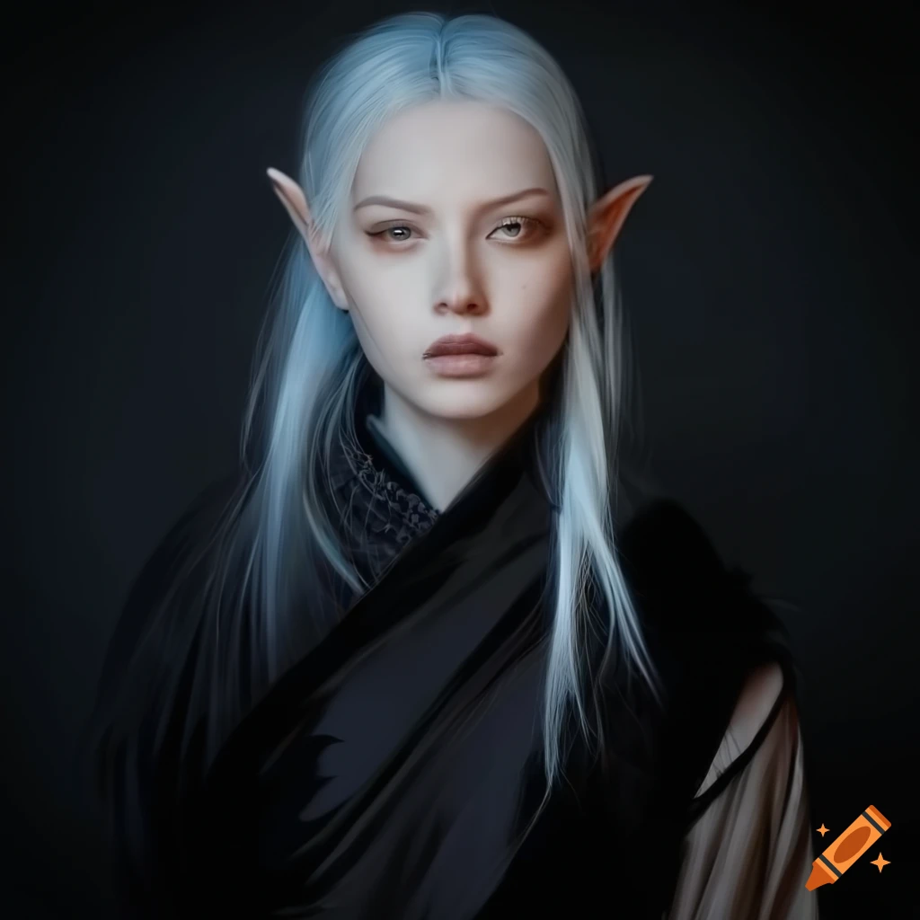 Portrait of a young woman with white hair and amber eyes on Craiyon