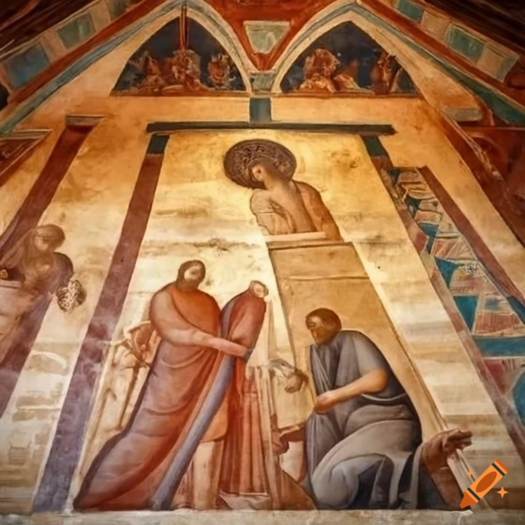 stunning rooftop fresco painting of a biblical scene