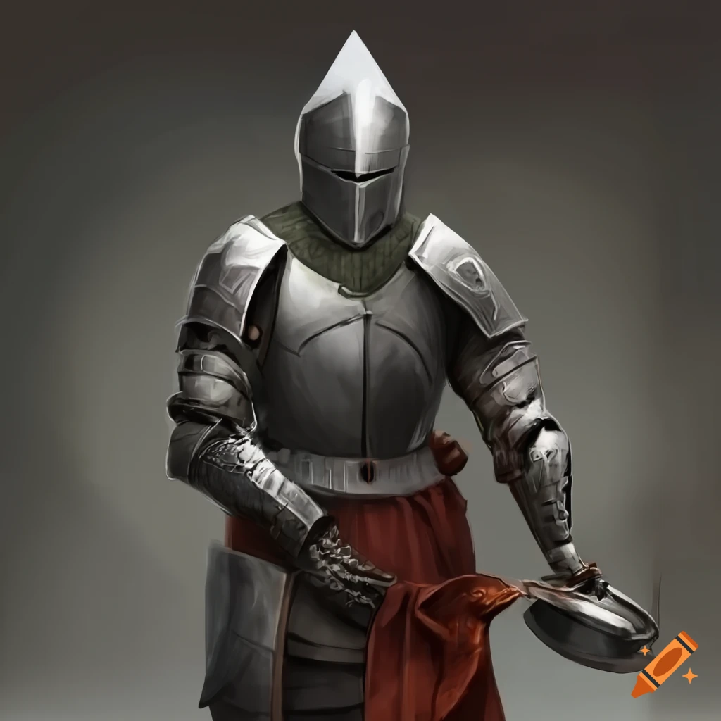 realistic knight drinking tea in a metal shell