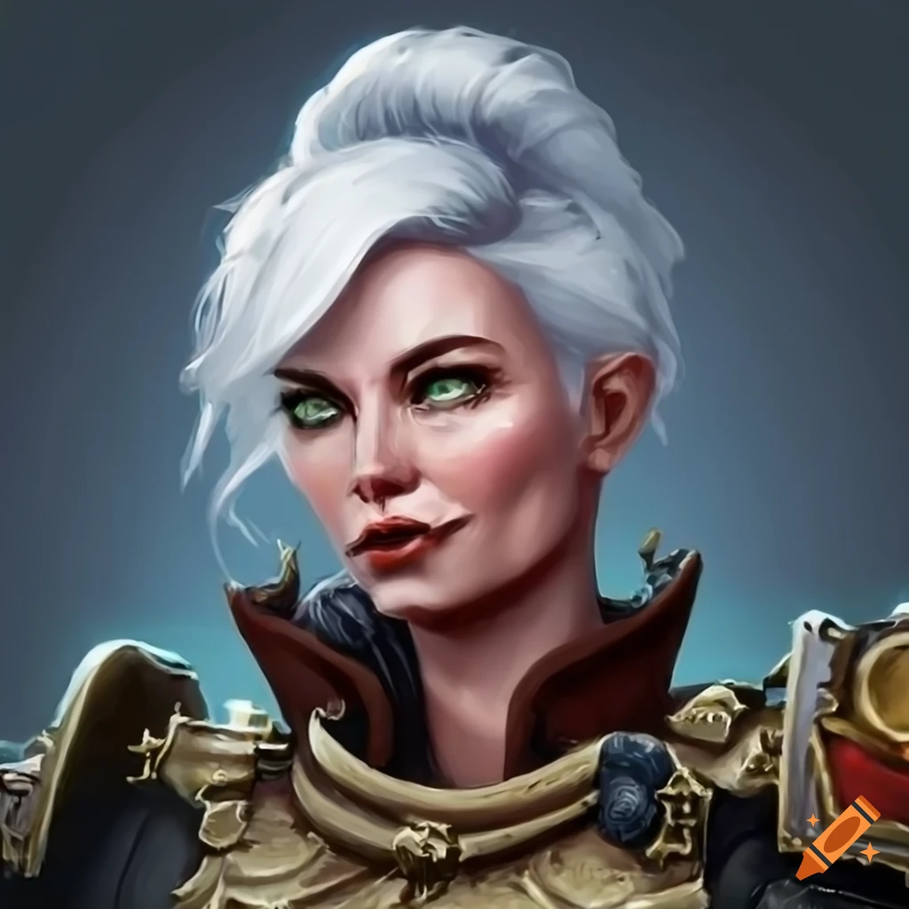 Portrait of a confident middle-aged woman officer in warhammer on Craiyon