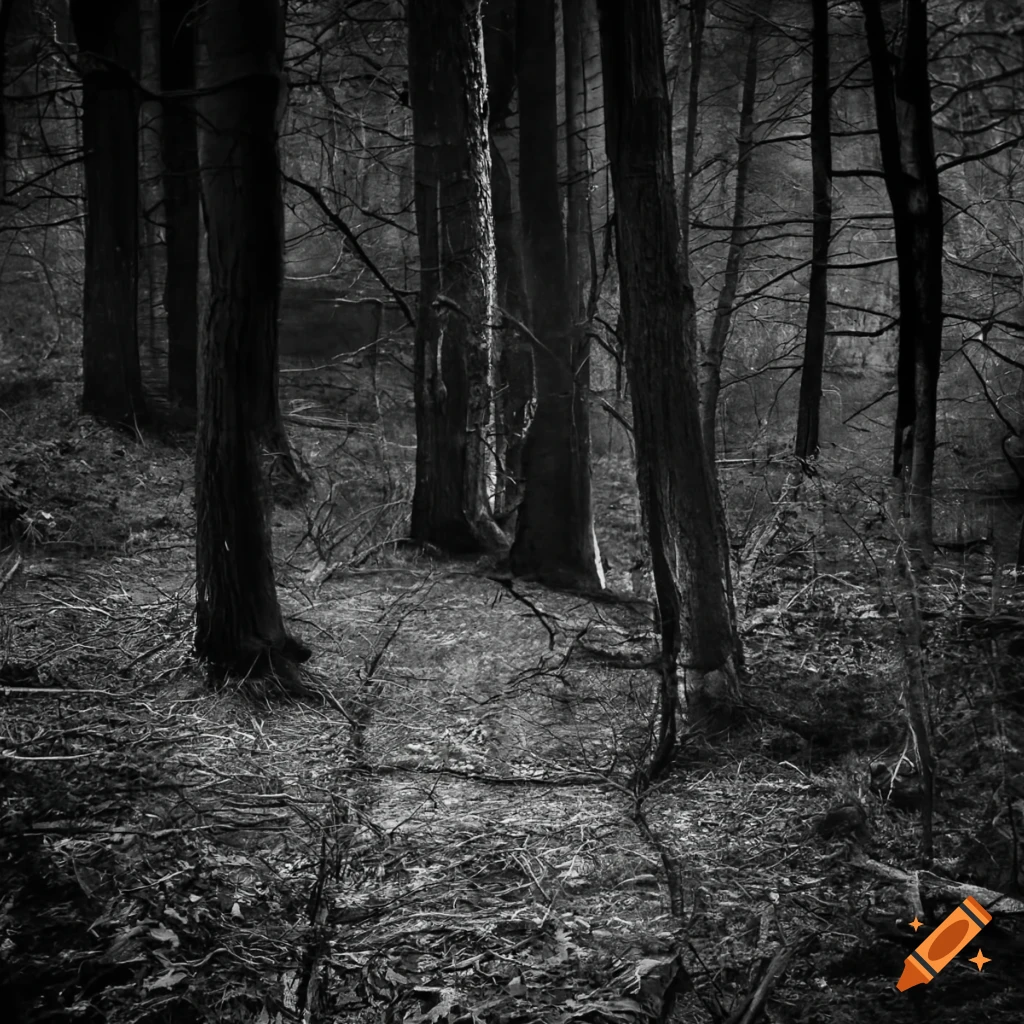 black and white image of a distant monster in the woods