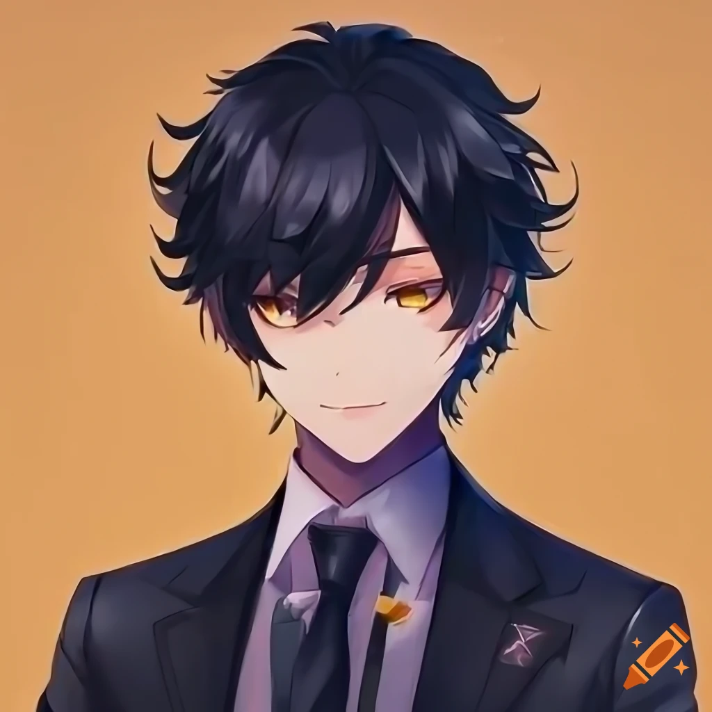 anime character with black blazer outfit and orange eyes