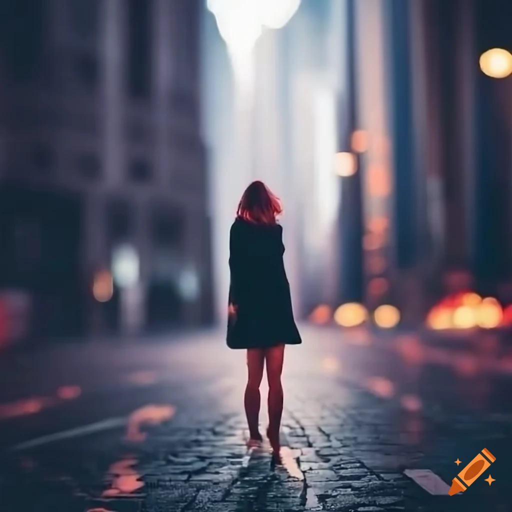 woman standing on a one way street surrounded by skyscrapers