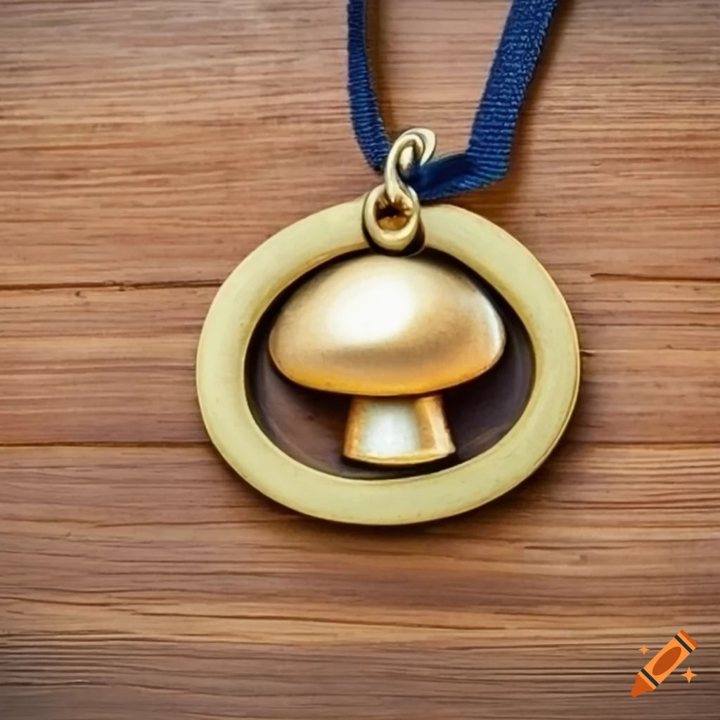 antique golden mushroom shaped medal on wooden table