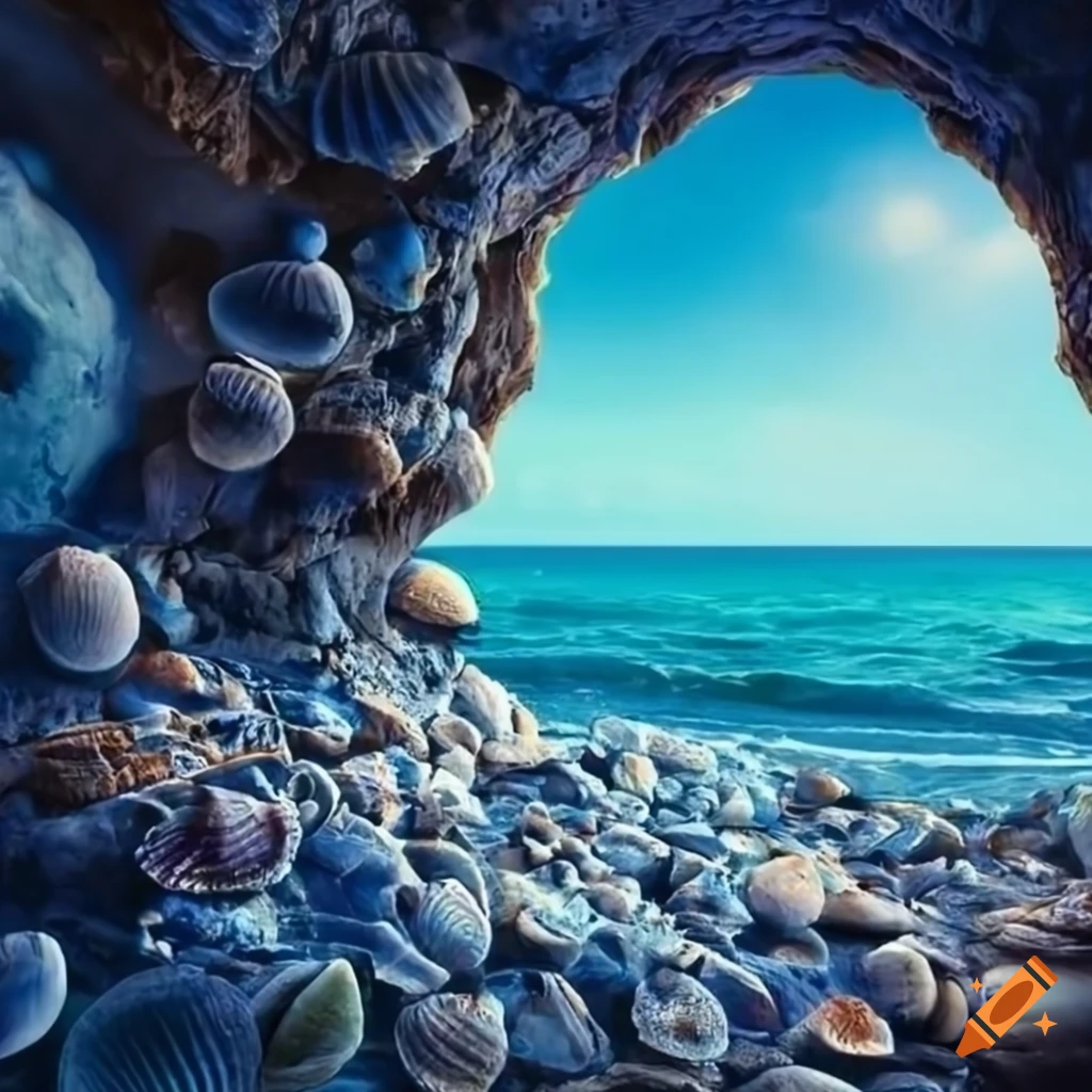 seaside cave covered in blue seashells
