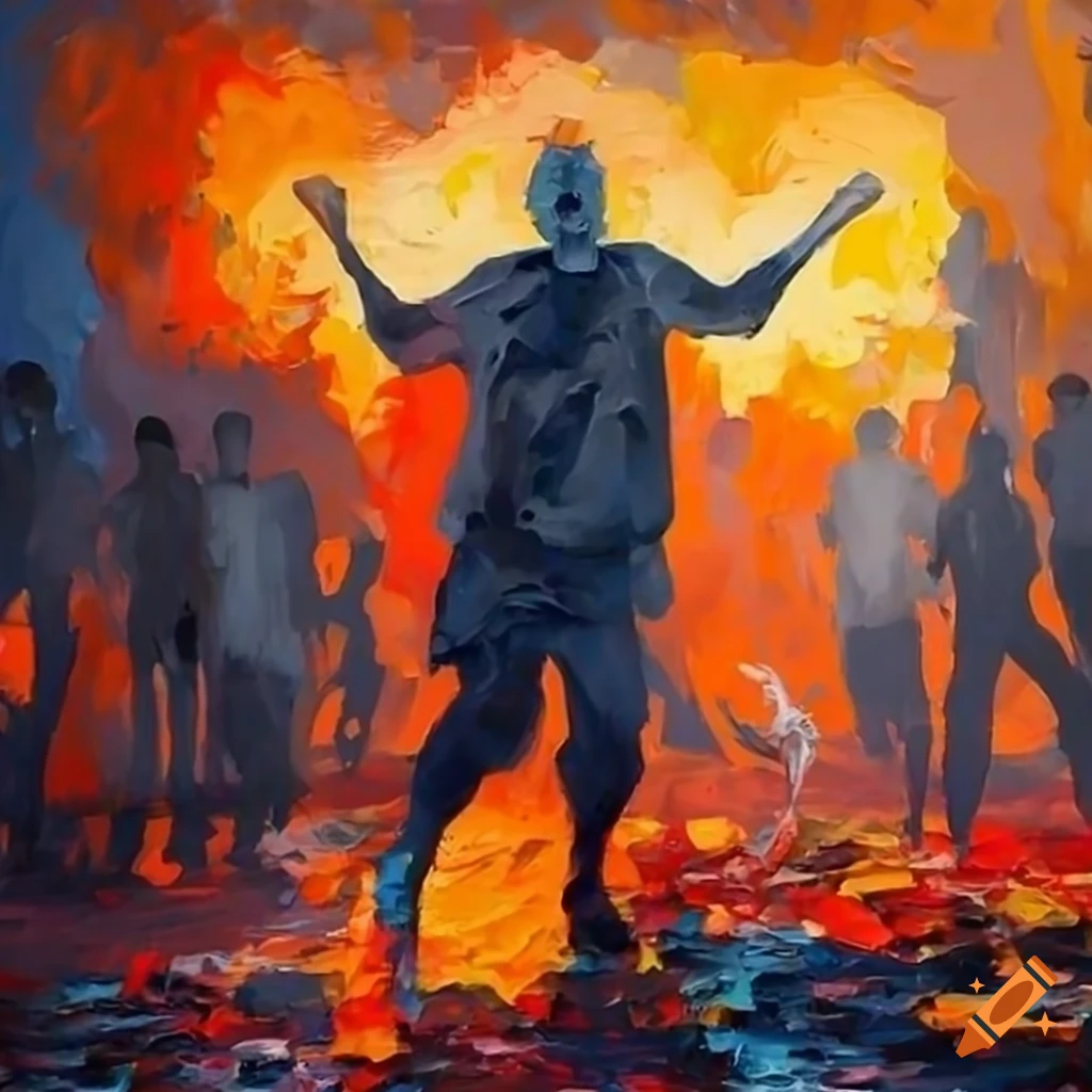 A Masterful Oil Painting Bonfire Wine Glass Massive People Outline 