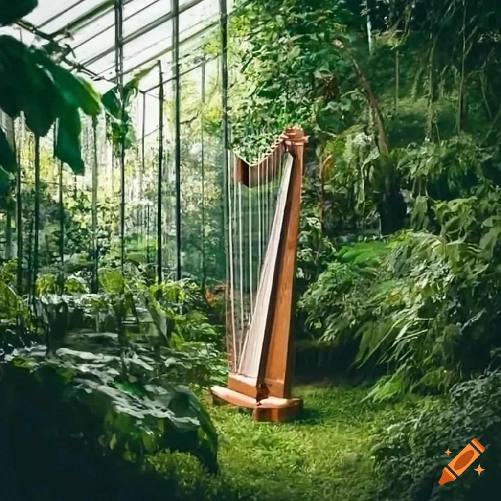 image of a sunlit greenhouse with a harp and lush plants