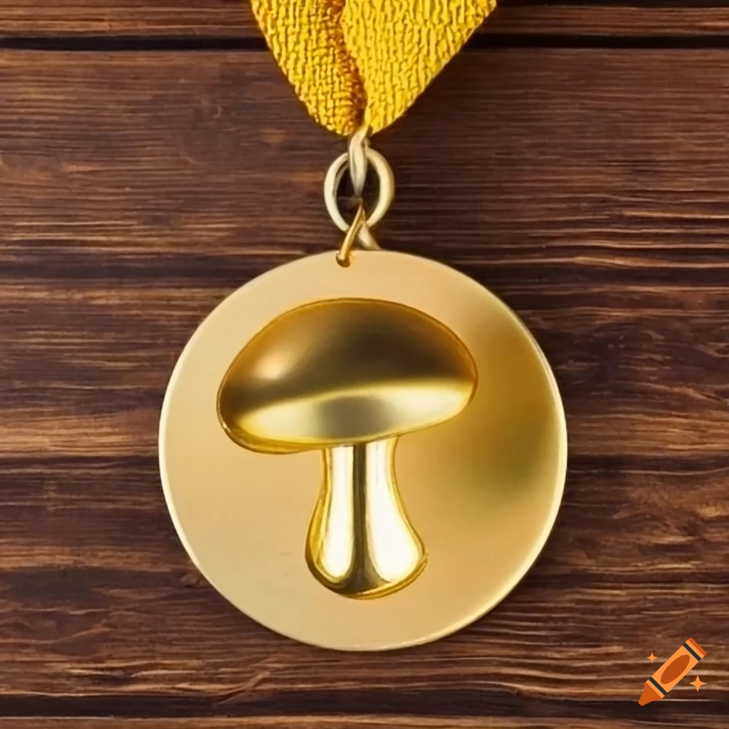 antique golden mushroom shaped medal on wooden table