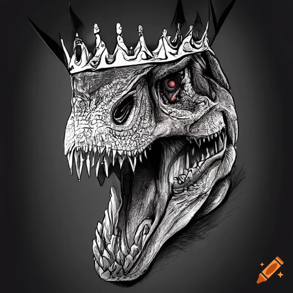 tattoo design of a fierce T-Rex with a black crown