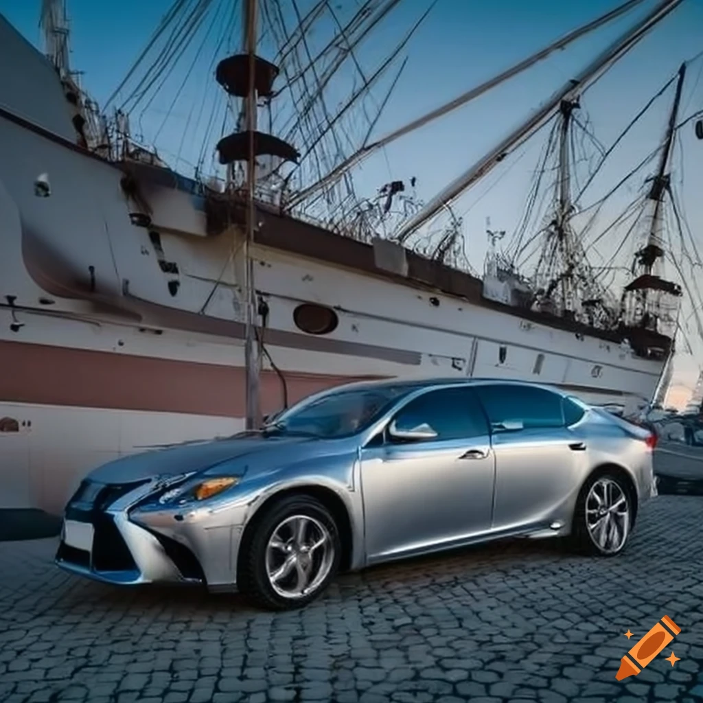 Silver lexus parked in front of a ship on craiyon