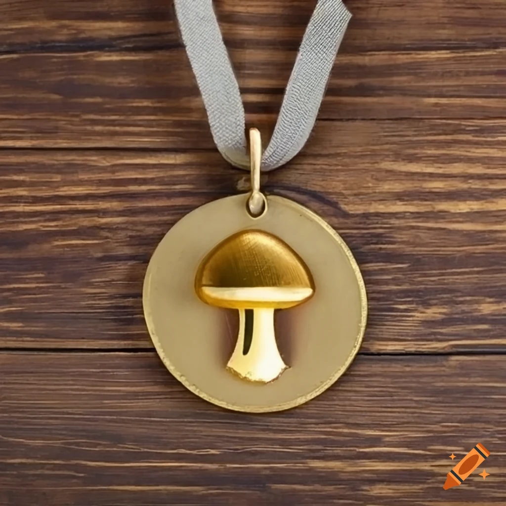 golden mushroom shaped medal on wooden table