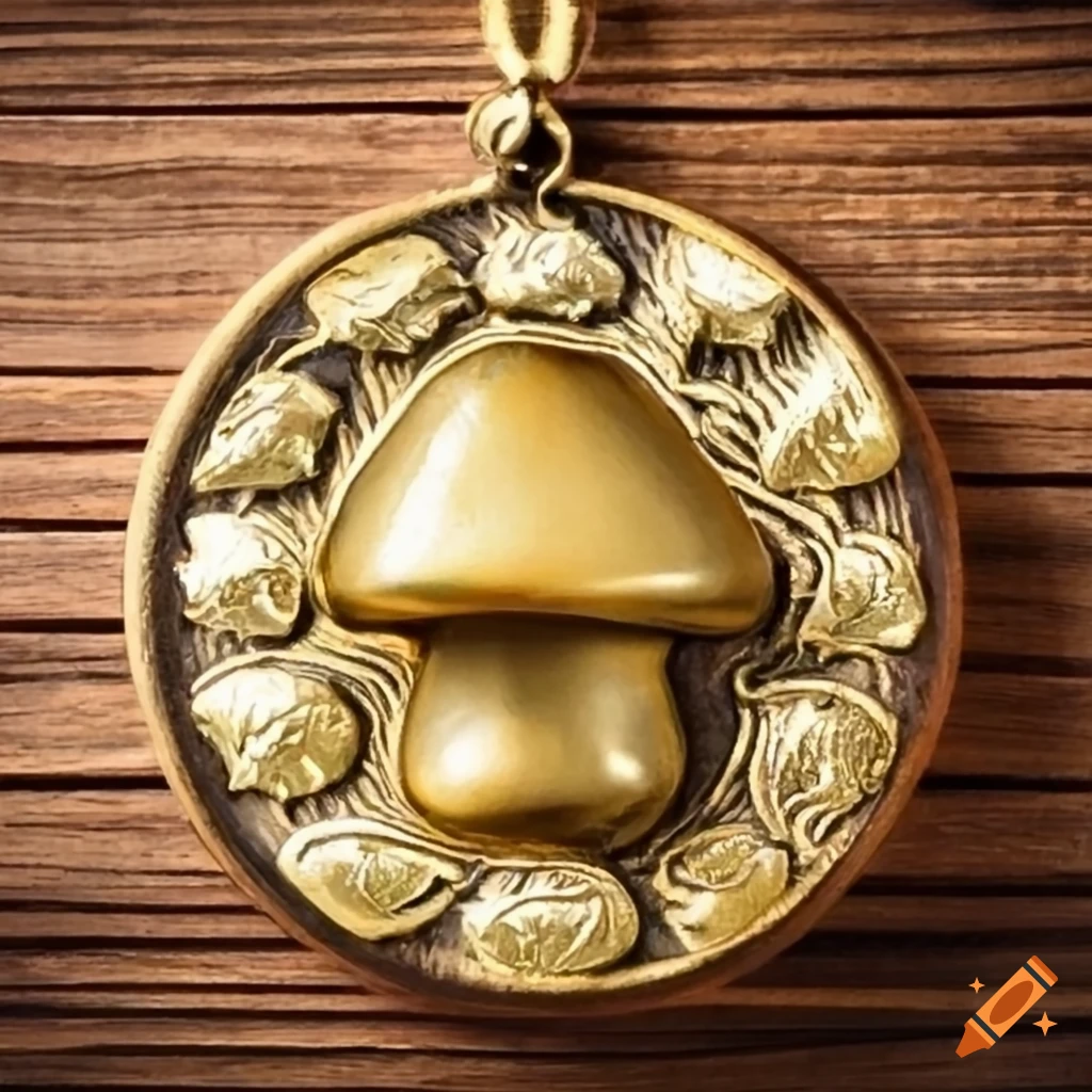 antique golden mushroom medal on wooden table