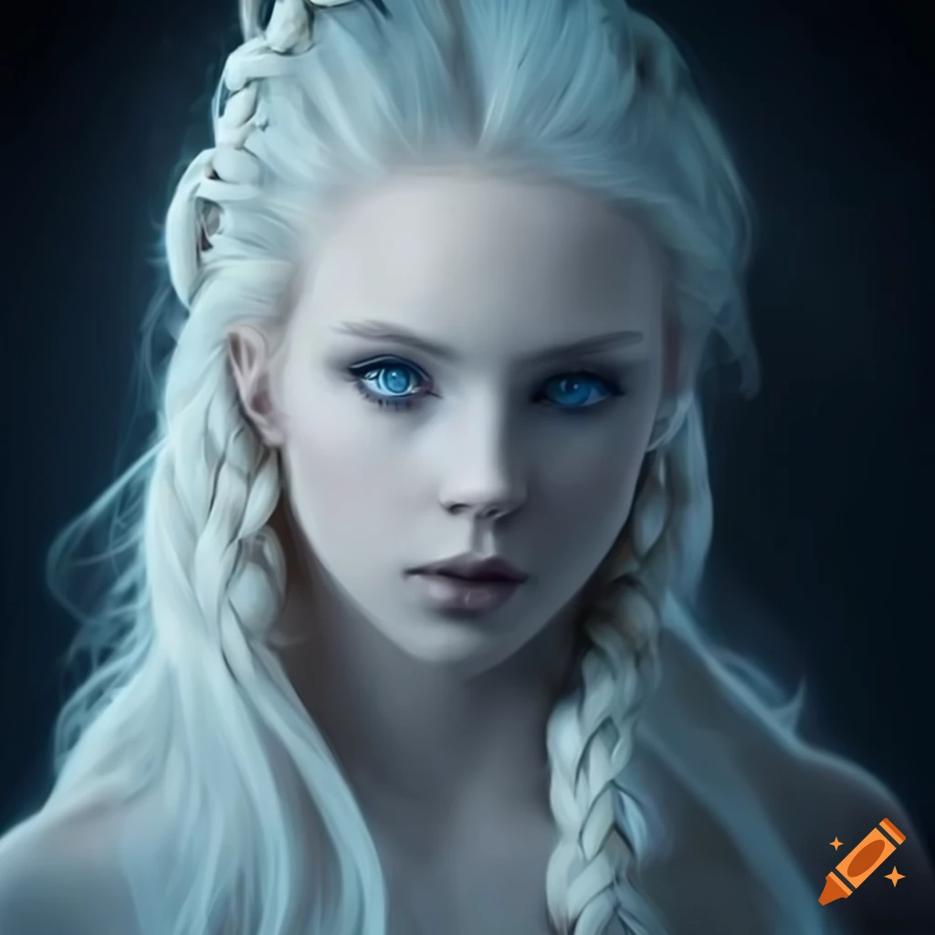 digital art of a fantasy character with pale blue eyes and blonde braids