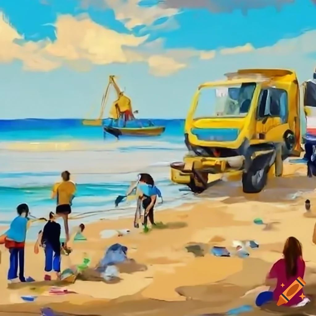 people and machines working together at a beach clean-up event