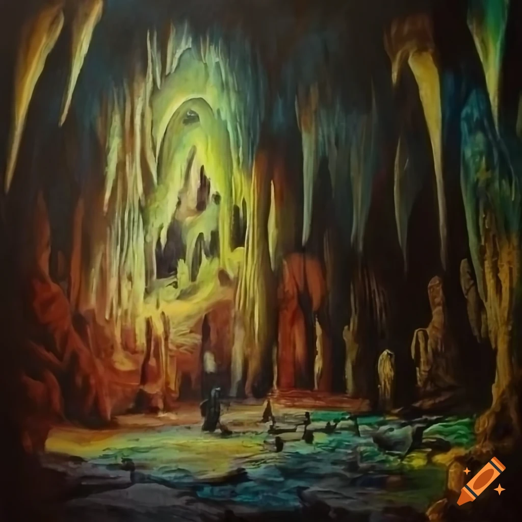 oil painting of an evil castle with stalactites