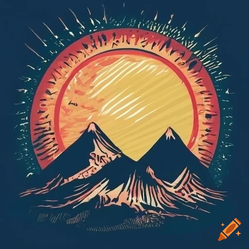 doodle of a Japanese mountain with vintage sun
