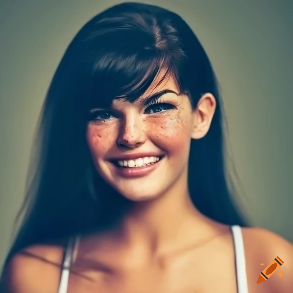 Portrait of a young woman with freckles and dark hair on Craiyon