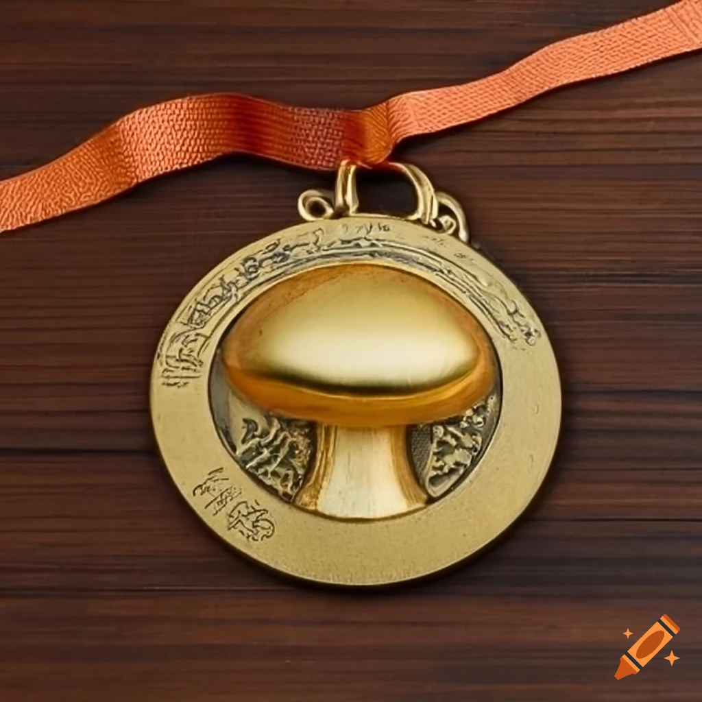 antique golden mushroom-shaped medal on a wooden table