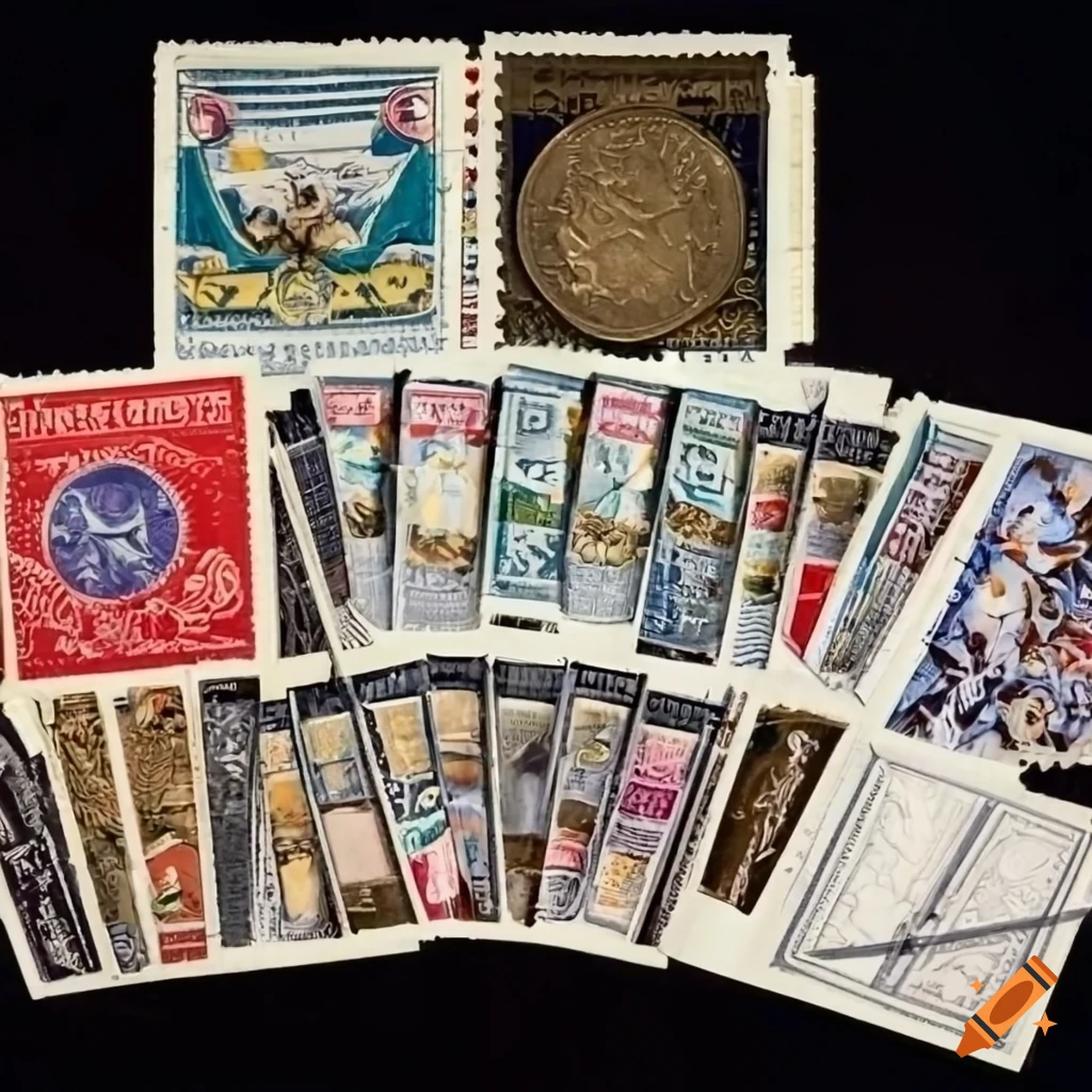 collection of stamps, hockey cards, and coins