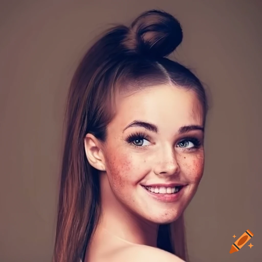 Portrait of a young woman with freckles and brown hair on Craiyon