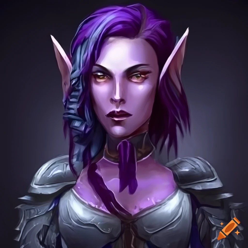 Artwork of a female half-elf warforged paladin with blue/purple hair