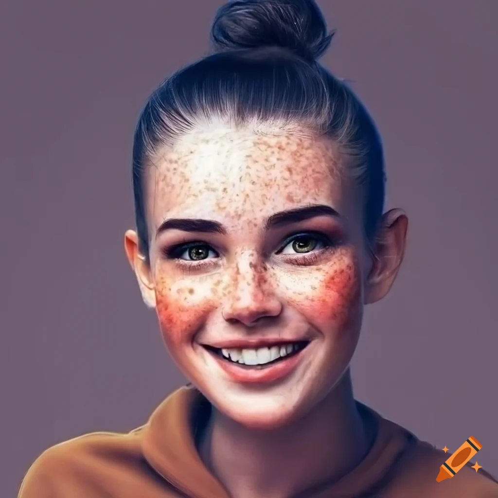Portrait of a young woman with freckles and dark hair on Craiyon