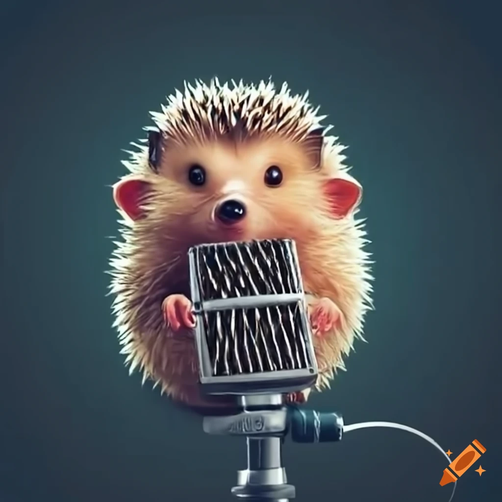 Adorable hedgehog talking into a classic microphone on Craiyon