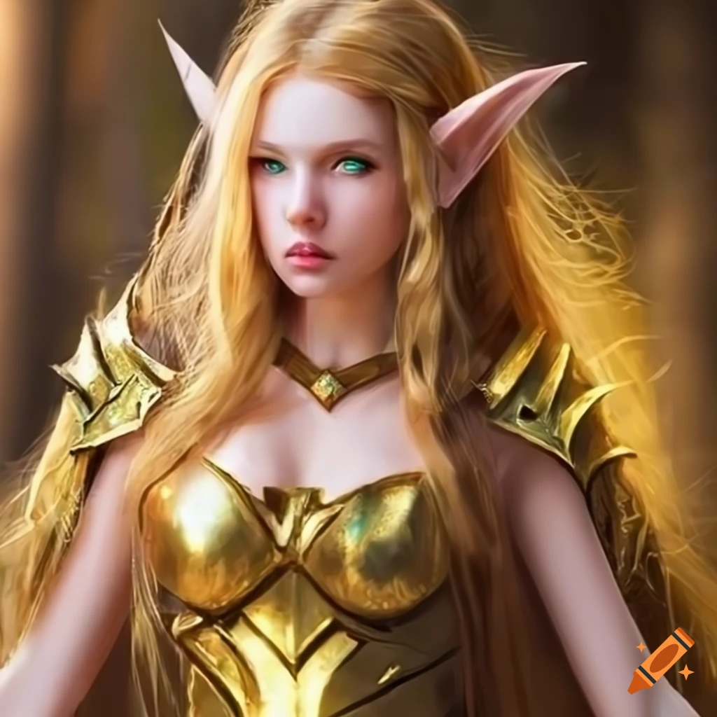 Image of a warrior elf with golden hair and armor on Craiyon