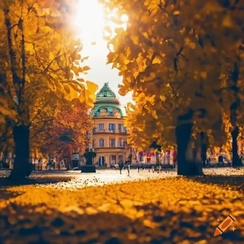 historic Hungarian town square in summer with autumnal trees