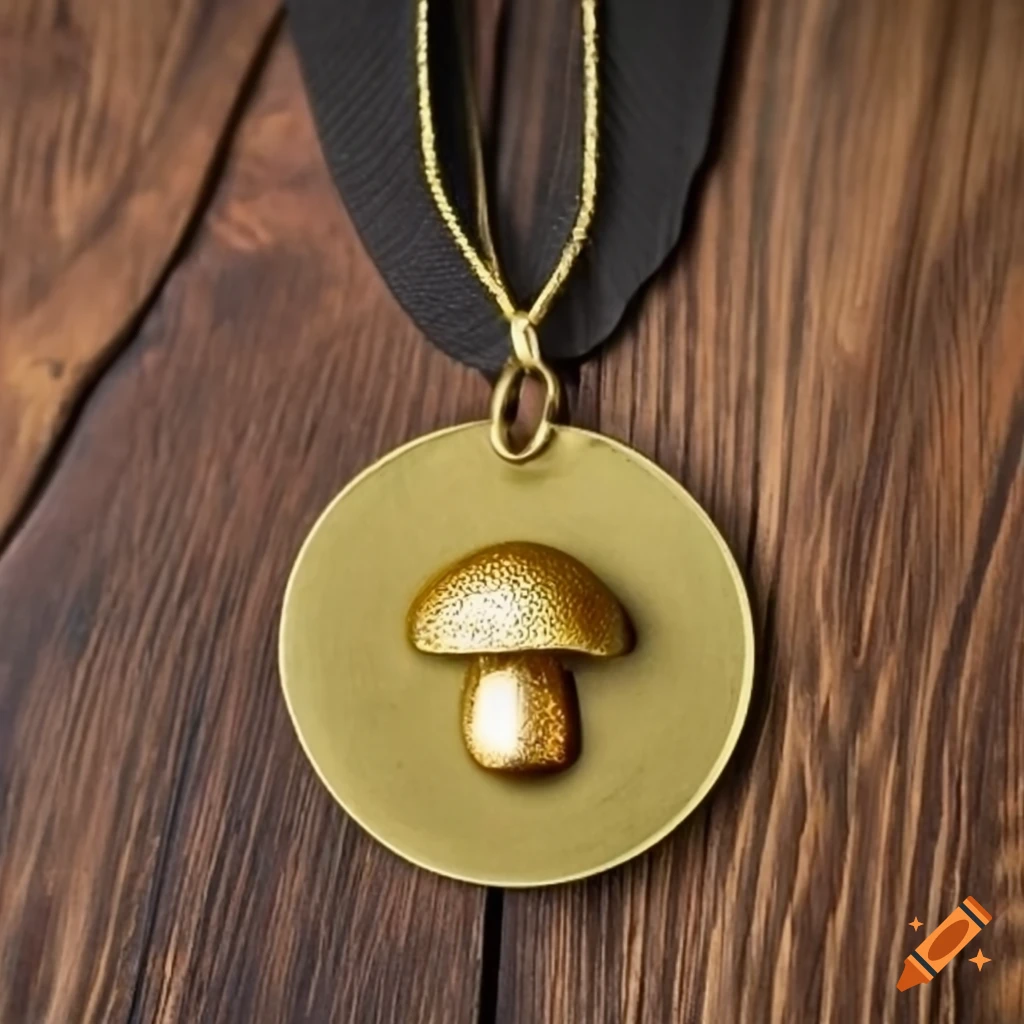 antique golden mushroom shaped medal on wooden table