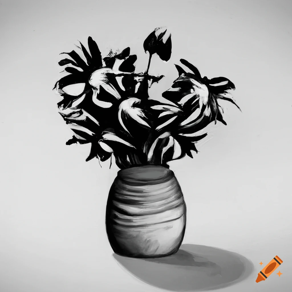 Charcoal Sketch Of Flower-Pots - Desi Painters