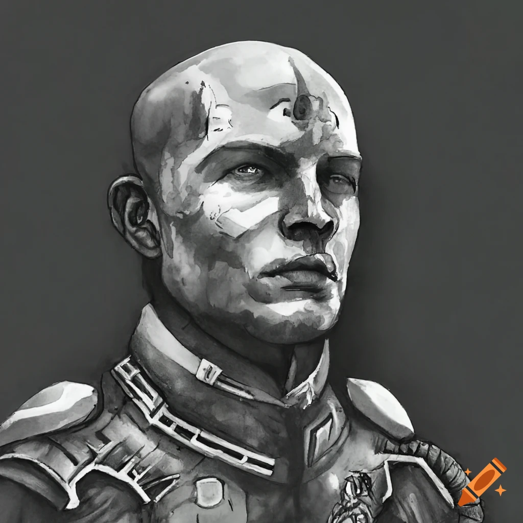 black and white watercolor portrait of a noble sci-fi character
